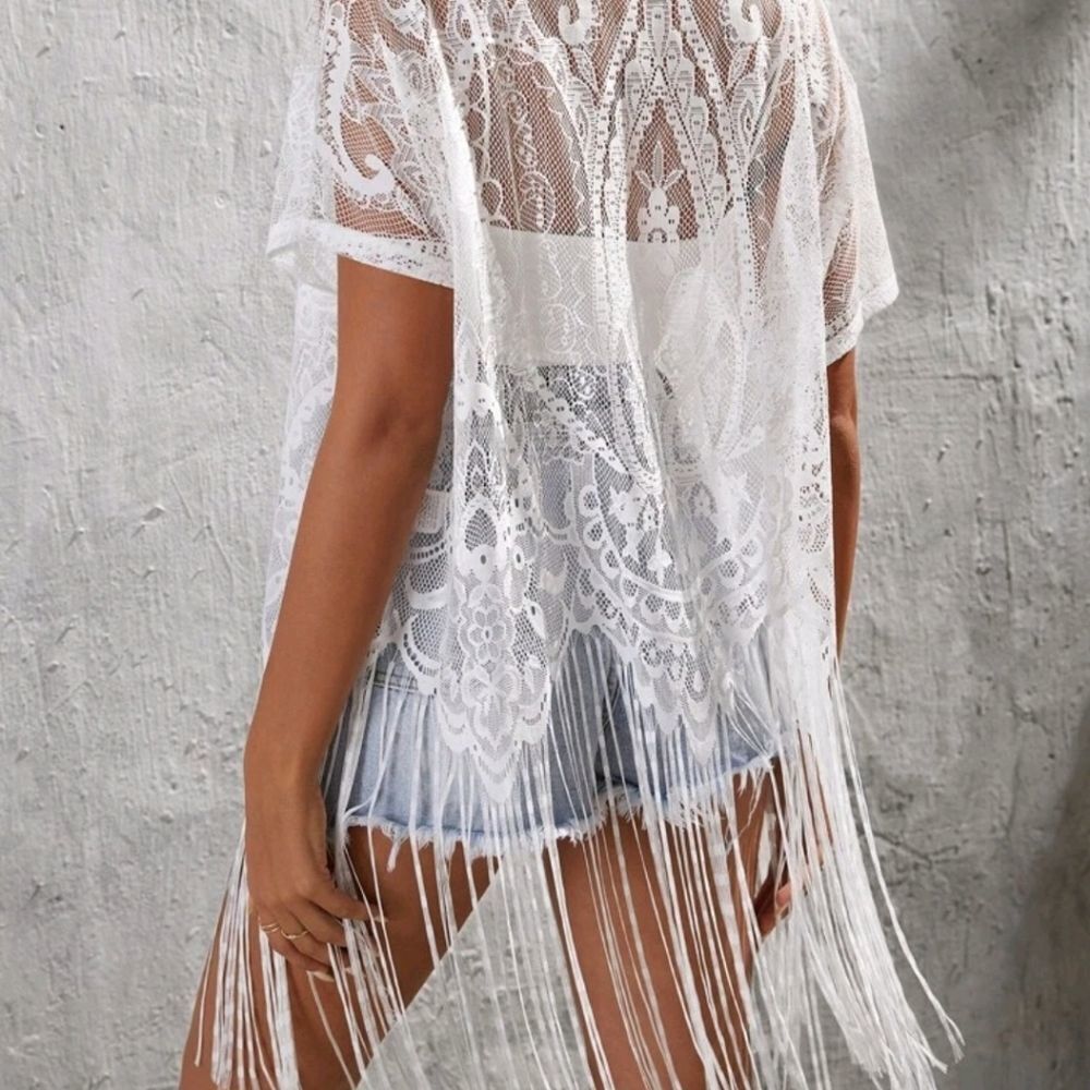 Fringe Trim Lace Kimono - Picture 2 of 5